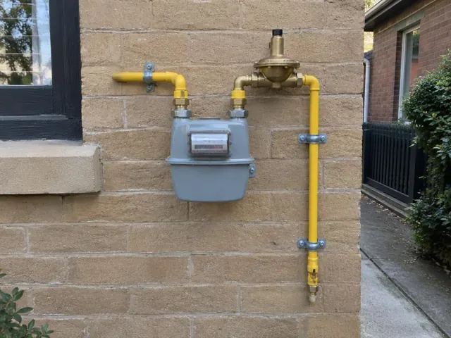 Gas meter and yellow pipework on a brick exterior wall beside a window in Camperdown